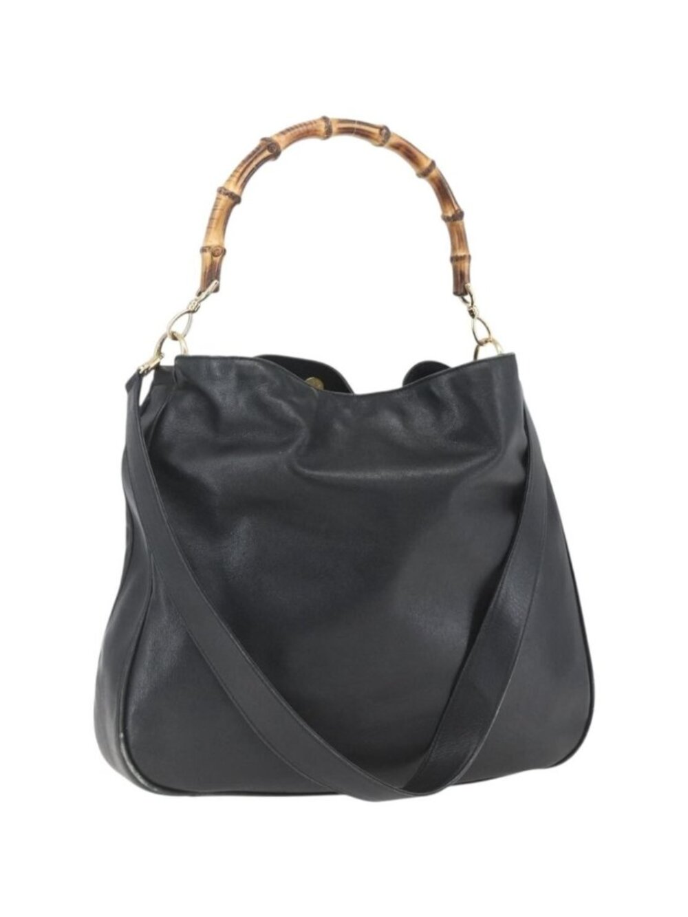 GUCCI Bamboo Shoulder Bag Leather 2way Black Gold 001 1577